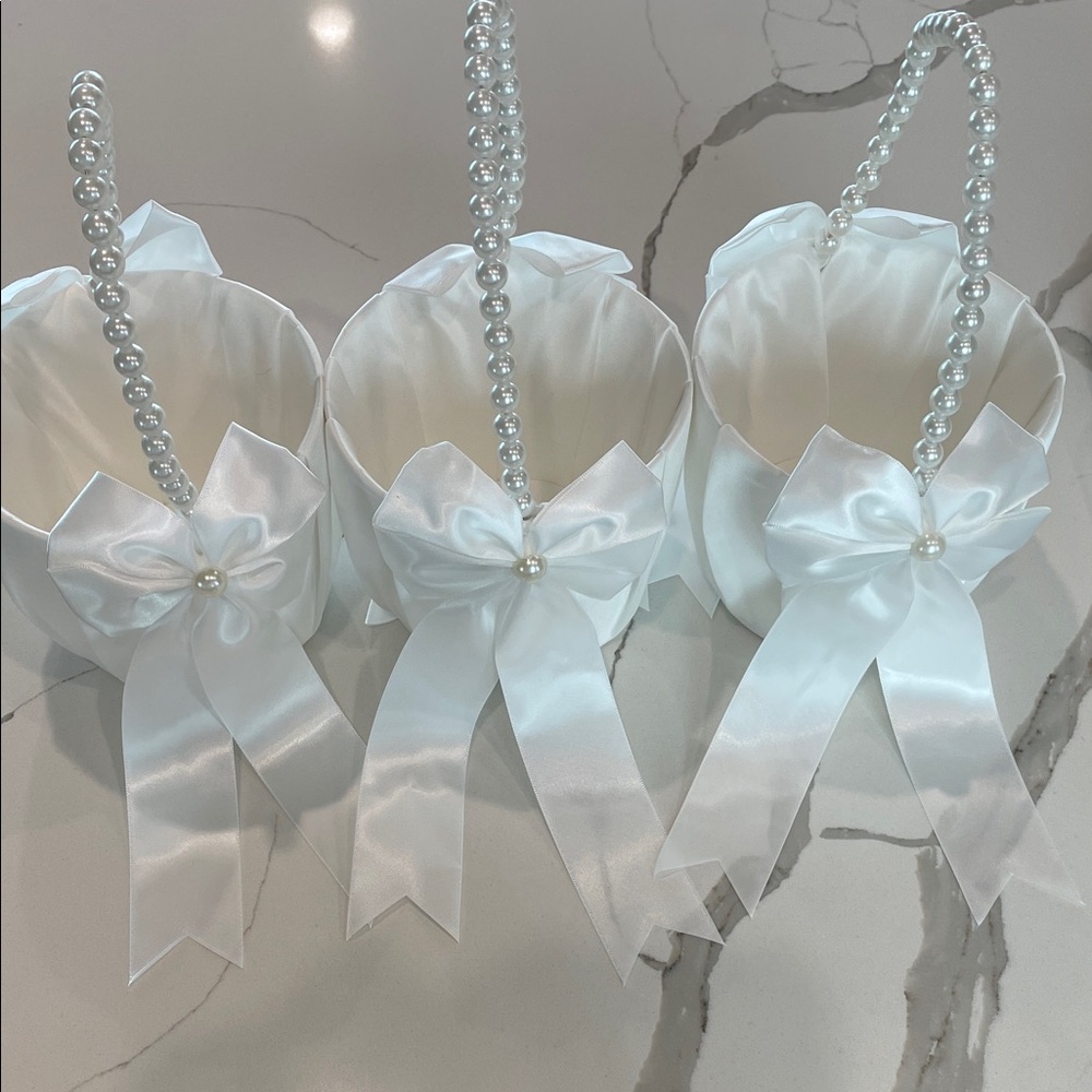Elegant White Pearl Handle FlowerGirl Baskets